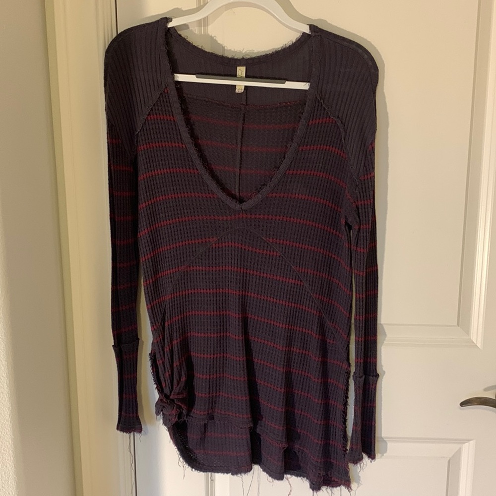 Free People Grey and maroon striped waffle knit top